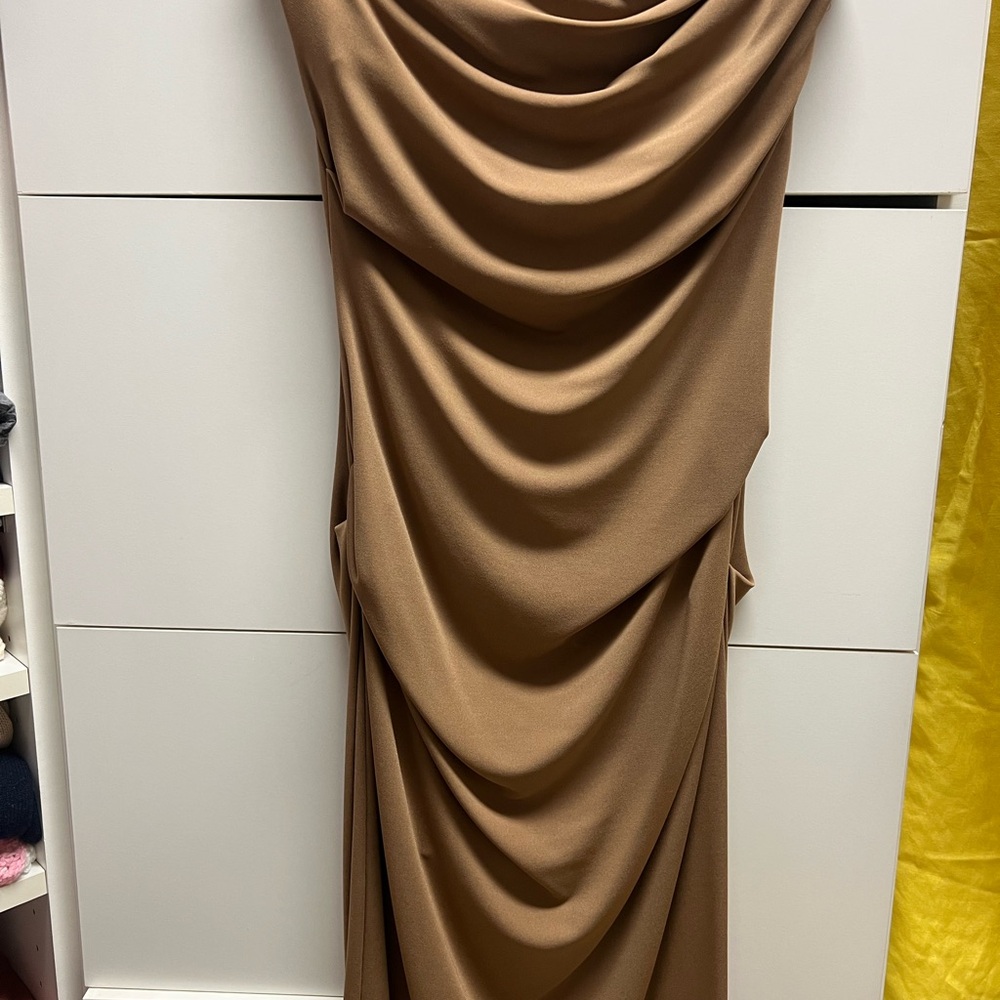 Nicole Miller strapless Luxurious Tan Draped Midi Dress